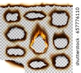 Collection of burnt faded holes piece burned paper realistic fire flame vector illustration