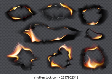 Colección de agujeros quemados pieza de papel quemado y llama de fuego realista. El papel negro se quema al estilo vintage sobre fondo transparente.