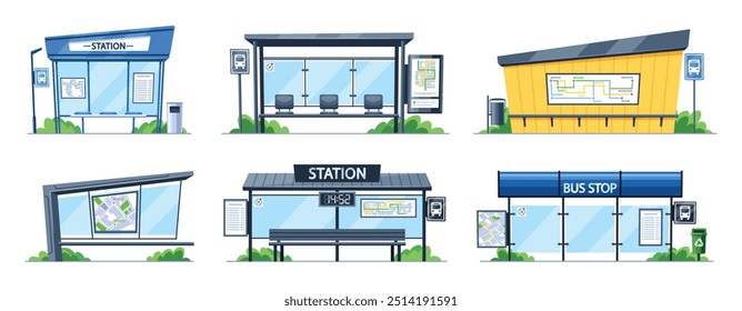 Coleção De Paradas De Ônibus E Estações Com Projetos Modernos. Ilustrações de vetor exibem vários estilos de arquitetura