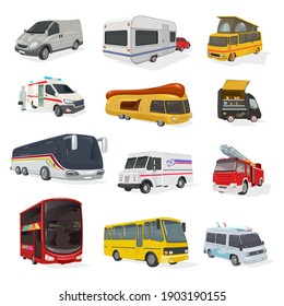 Collection Of Buses Types, Mail Service, Medical Emergency, Fire Truck, Coffee Van, Mobile Home, Hot Dog Truck. Vector Transportation And Vehicle Design Isolated On White Background