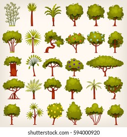 Collection of bushes, trees, palms and pines icons for your design. Flat game design elements. Vector illustrations.