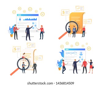 Collection Of Business Analysts Viewing Survey Results. Group Of People Making Research. Vector Illustration For Banner, Commercial, Presentation