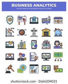 Colección de íconos de Business Analytics. Análisis de datos. Informes financieros y planificación estratégica