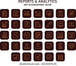 Collection of business analytics and reporting icons with a unified aesthetic theme for diverse data representation