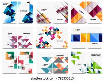 Collection of business annual report brochure templates, A4 size covers created with geometric modern patterns - squares, lines, triangles