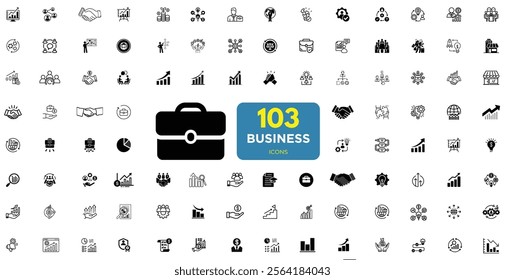 Collection of business automation icons. Includes process, digital transformation, productivity, technology, business, and integration icons. Set of 103 outline icons related to business. 