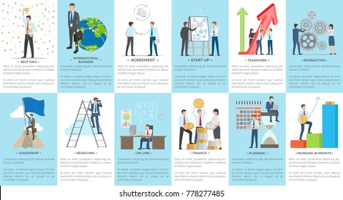 Collection of business banners with text. Isolated vector illustration of diligent male and female employees working hard and climbing career ladder
