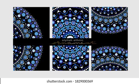 Collection Business card or invitation. Vector background. Vintage decorative elements. Hand drawn background.Spot painting point to point. Abstract design of mandala in dot paint style. 