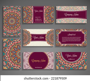 Collection Business card or invitation. Vector background. Vintage decorative elements. Hand drawn background.