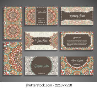 Collection Business card or invitation. Vector background. Vintage decorative elements. Hand drawn background.