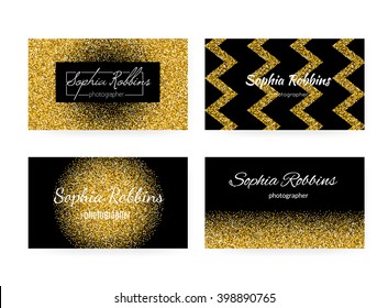 Collection of business card templates with golden background. 100% vector golden glitter effect on business cards - easy to use and edit. Business card for women or for fashion industry.

