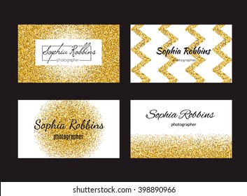 Collection of business card templates with golden background. 100% vector golden glitter effect on business cards - easy to use and edit. Business card for women or for fashion industry.

