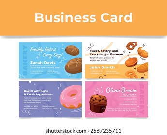 A collection of business cards for a bakery showcases colorful designs with images of baked goods. Each card features a unique name and contact details to attract customers.