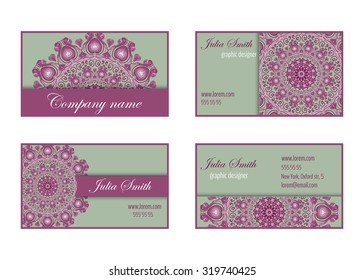 Collection of business cards with decorative circular ornaments. Vector templates with place for text