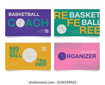 La colección de tarjetas de presentación presenta diseños dinámicos para los entrenadores de baloncesto, destacando roles como el entrenamiento y el arbitraje. Cada tarjeta incorpora colores brillantes y gráficos atractivos