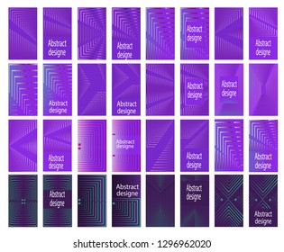 Collection of business cards or invitations. Template, vector design. Geometric abstract decorative elements purple, pink and green, blue and purple background