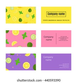 Collection of business cards with pattern with mint, lemon, lime in flat design style. Vector illustration.