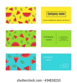 Collection of business cards with summer pattern with watermelon, rosemary in flat design style. Vector illustration.