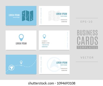 Collection of business cards for travelers in blue tones.