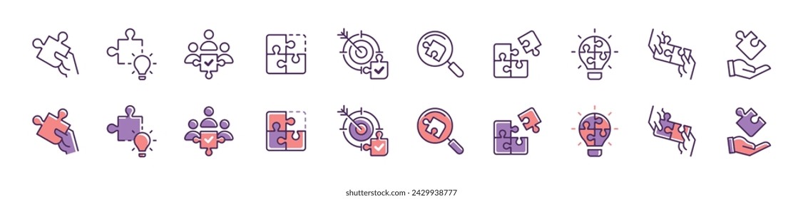 collection of business challenge puzzle solution icon set strategy problem solving jigsaw match piece vector illustration teamwork innovation idea symbol design
