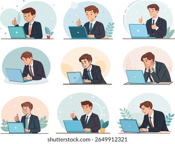 Collection of business character at computer desk displaying approval success and focus in modern workplace