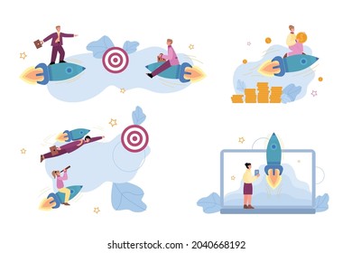 Collection of business characters launching rocket as metaphor of fast success and startup, flat cartoon vector illustration isolated on white background.