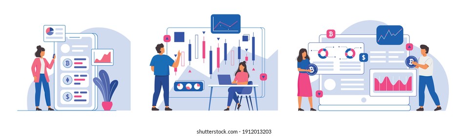 Collection of business characters men and women working in office. Business presentation and cryptocurrency concept. Vector illustration in cartoon style.