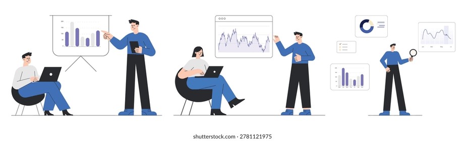 Collection of Business Characters Working with Data Analytics Charts and Laptop Concept of Office Productivity Vector Illustration.
