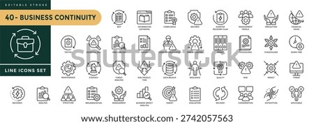A collection of Business Continuity icons set with editable stroke, including Business, Business Recovery, resilience, continuity, partnership, strategy, startup, Risk Management, management, profit and successful. Thin linear vector illustration.