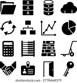 Collection of business and data management icons featuring storage systems analytics and organizational tools