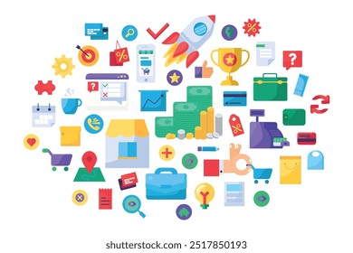 Collection of business elements in a colorful flat style. Vector clipart about online store, shopping, entrepreneurship, startups, e-commerce, innovative solutions, and economy growth