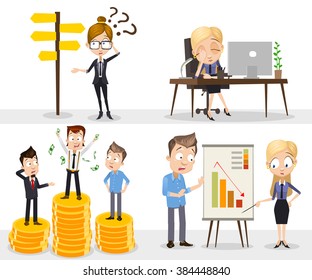 Collection of business fails. Different characters in cartoon style. Business lady do not know where to go, secretary tired, charts showing bad results, failing in competition
