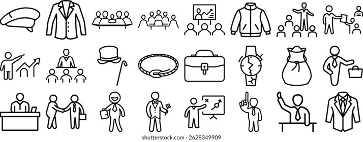 Collection of business and finance icons in black outline style suitable for web design and presentations