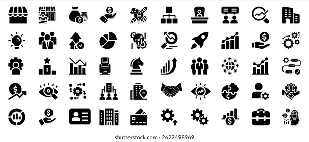 Collection of business and finance icons illustrating concepts of success and development