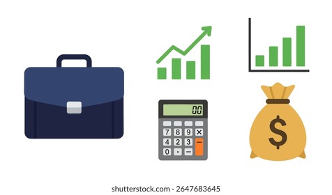 Uma coleção de ícones de negócios e finanças, incluindo uma pasta, gráficos de crescimento, uma calculadora exibindo "00" e uma bolsa de dinheiro com um sinal de dólar.