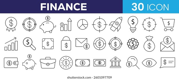 Collection of business finance line icon. investment money, banking, accounting, financial growth, savings, budget, profit, revenue icon vector on white background