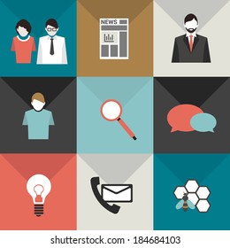 Collection of business flat icons. Team work, leadership, discussion, innovation, contact hard working, client, newspaper shapes. Vector color pictogram.