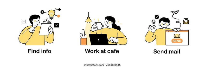 Collection of business freelance characters. TThey search for new information, work in cafes, and email their work.outline simple vector illustration.