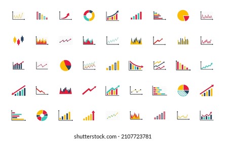 Collection of business graphs and diagrams icons. Statistics and data, diagram charts, arrow down or up, rise or fall of the economy. Colorful graphs for financial analytic. Vector illustration.