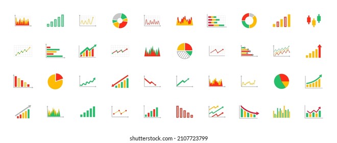 Sammlung von Unternehmensprogrammen und -bildern. Statistiken und Daten, Diagramme, Pfeil nach unten oder nach oben, Aufstieg oder Fall der Wirtschaft. Farbige Grafiken für Finanzanalytiker. Vektorgrafik.