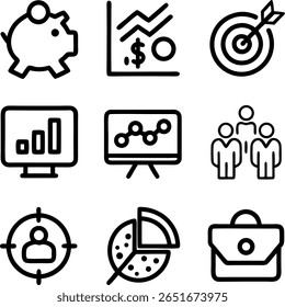 A collection of business icons in black and white, displaying concepts like finance, statistics, targeting, teamwork, and professional growth and success.