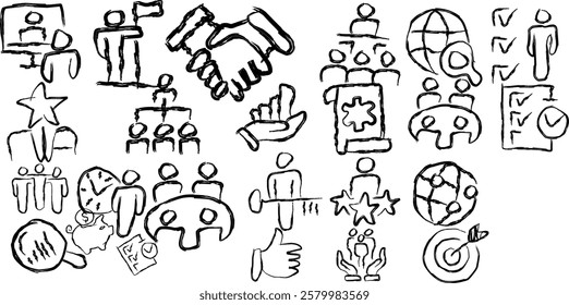 Collection of business icons in doddle style, hand drawn vector icons related to business processes, teamwork and human resources management. hand drawn icon