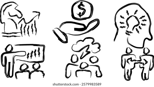 Collection of business icons in doddle style, hand drawn vector icons related to business processes, teamwork and human resources management. hand drawn icon