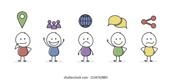 Collection of business icons with funny stickman. Vector