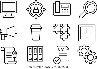 Collection of business icons including computer target phone magnifying glass and more isolated on transparent background