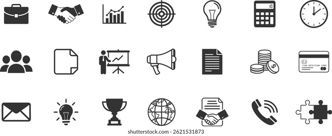 Collection of business icons including handshake graph target lightbulb and finance related symbols