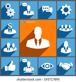 Collection of business icons on blue & orange background