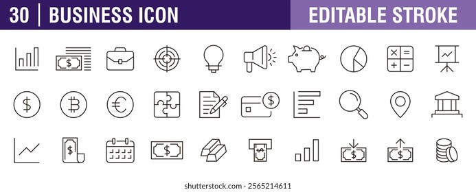 Collection of business icons. Sales, marketing, finance. Vector design template, signs, symbols, editable stroke.