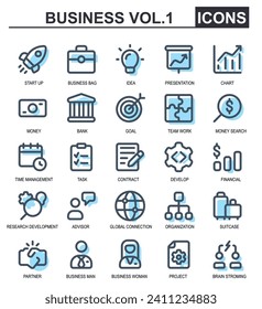 collection of business icons.filled line style.contains startups,bags,ideas,presentations,charts,finance,development search,advisor,global connection.good for application icons.
