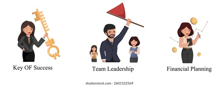 Collection of Business illustration,  Business Success, Leadership, and Financial Growth Set Featuring Key to Success, Team Leadership, and Financial Planning